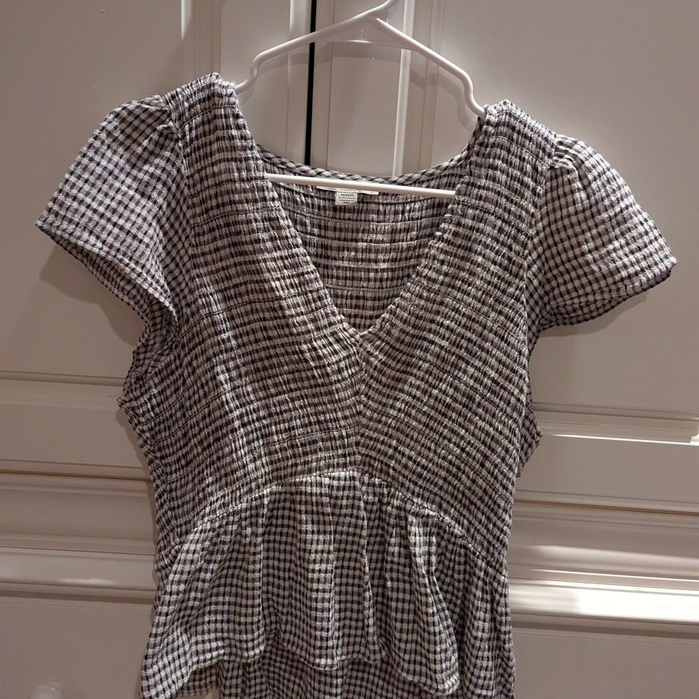 White Cap Sleeve Peplum Blouse with Gingham Pattern